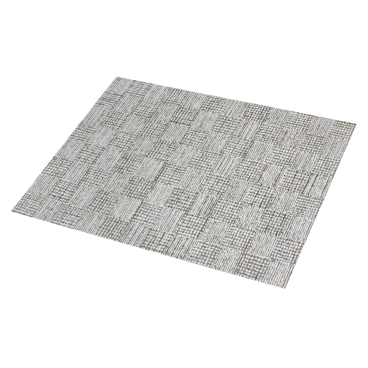 Tweed hand-tufted denim and cotton rug with fine grey and ivory check, in a bedroom