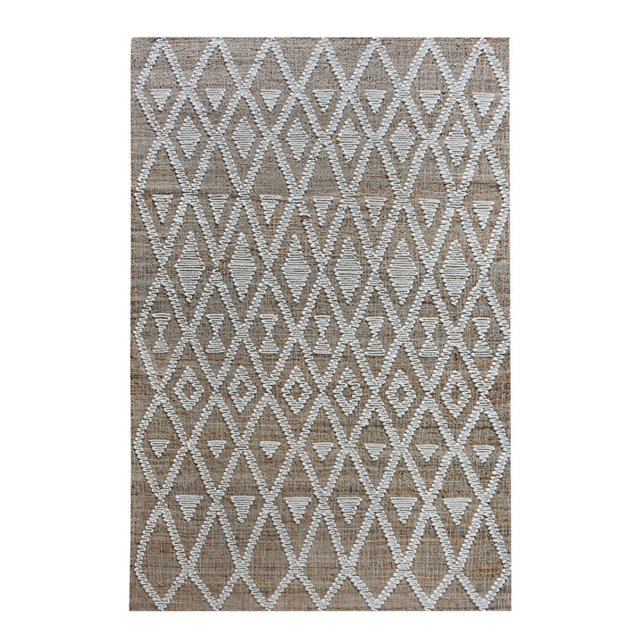 Thistle flatweave jute and wool rug with ivory tufted diamonds on taupe, in a living room