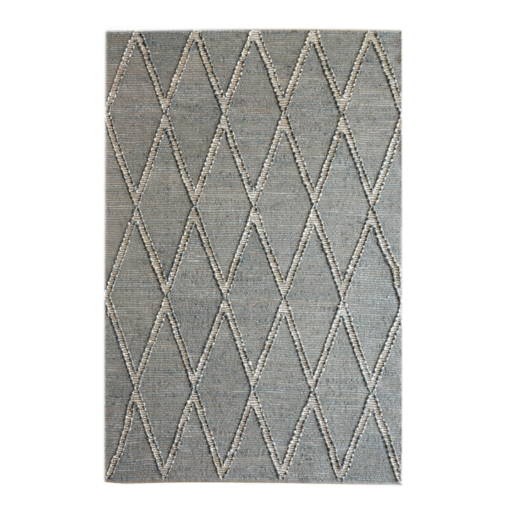 Thyme handwoven hemp rug with an ivory diamond lattice on sage grey, in a dining room