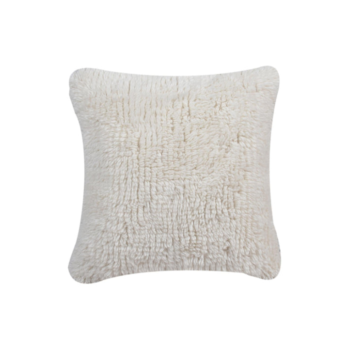 Snowmelt Handwoven New Zealand Wool Cushion — A deep ivory shag-style surface provides a soft-looking, tufted texture.