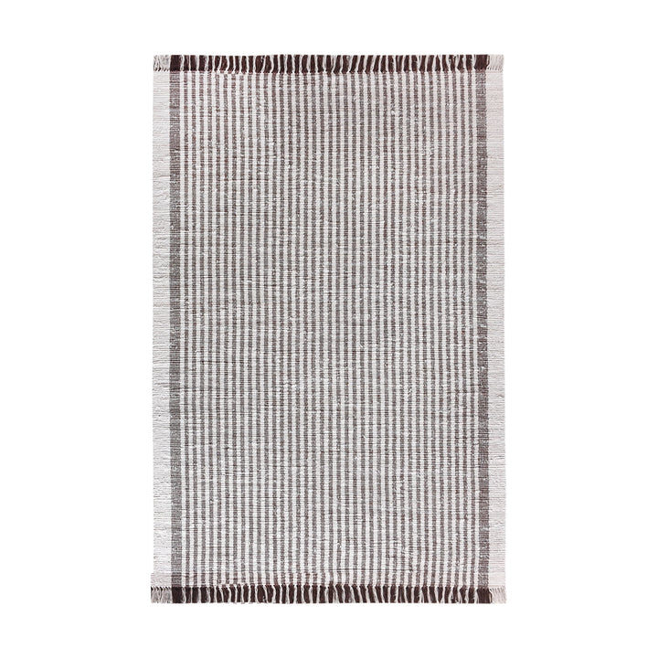 Dari handwoven recycled denim and cotton flatweave rug with fine ivory and taupe stripes and fringed ends