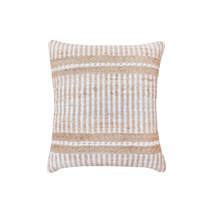 Sandbar Handwoven Jute & Wool Cushion — Narrow natural and ivory stripes create a simple woven rhythm.