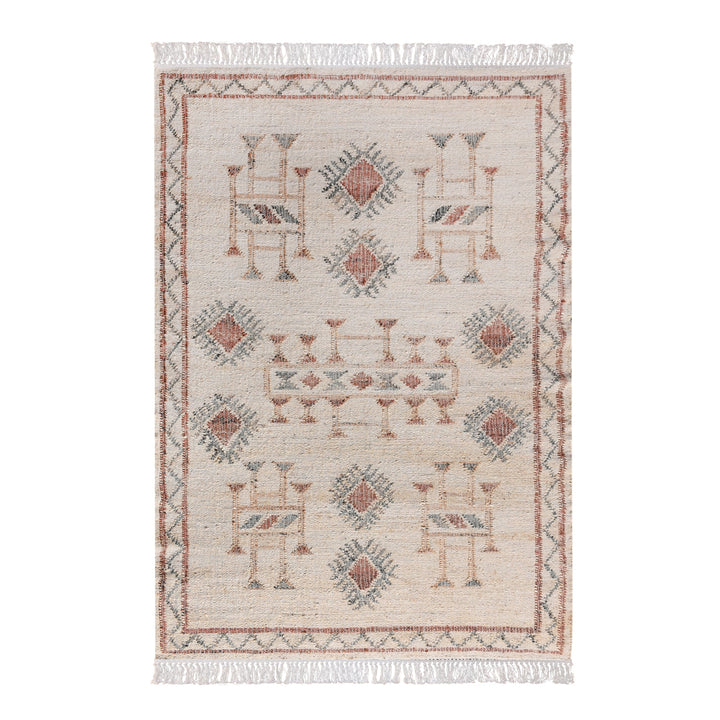 Lok handwoven wool and jute kilim flatweave rug with rust tribal motifs on a natural ground