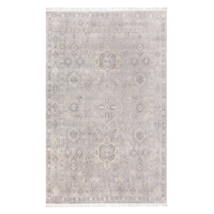 Yaad hand-knotted wool rug with distressed tribal medallions in pale taupe and rust, in a dining room