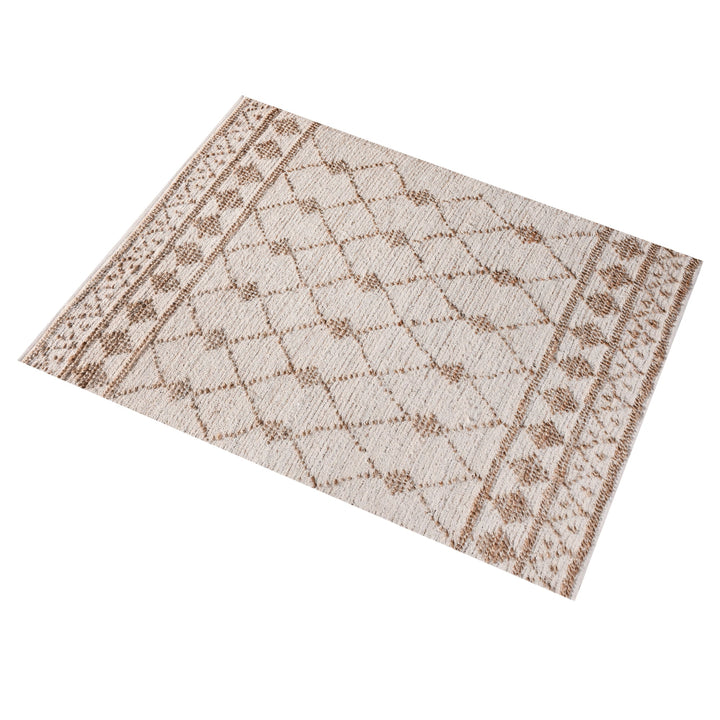 Driftwood handwoven jute rug with natural and grey diamond lattice, in a living room