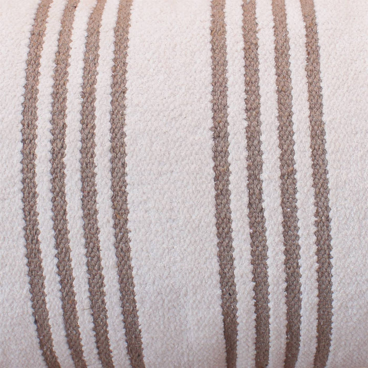 Pencil Stripe Handwoven Cotton Chenille Lumbar Cushion — Fine beige stripes run across an ivory rectangular cushion.