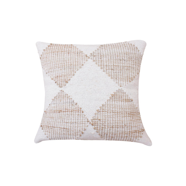 Dunefield Handwoven Jute & Wool Cushion — Ivory diamonds stand out against a natural-toned woven ground.