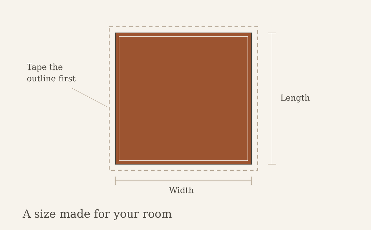 Custom rug outline with labelled width and length and a dashed taped perimeter.