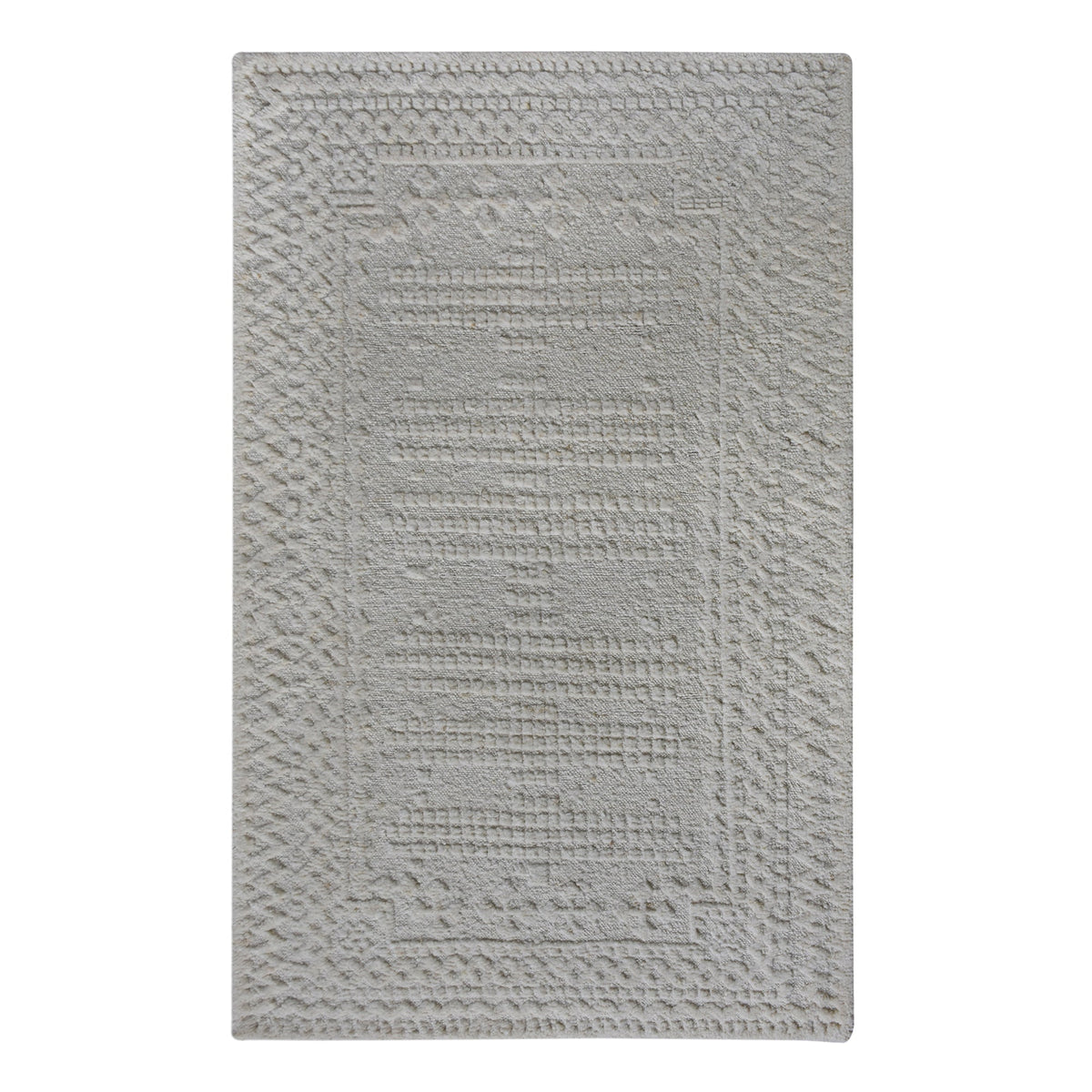 Chowk hand-knotted NZ wool rug in dove grey with a tone-on-tone raised grid and border, under a dining table
