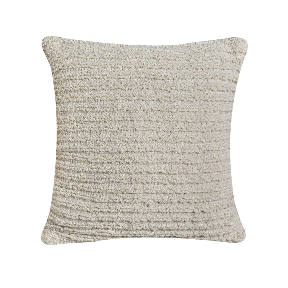 Fine Rib Handwoven Wool Cushion — Fine horizontal ribs give the ivory surface a restrained, even texture.