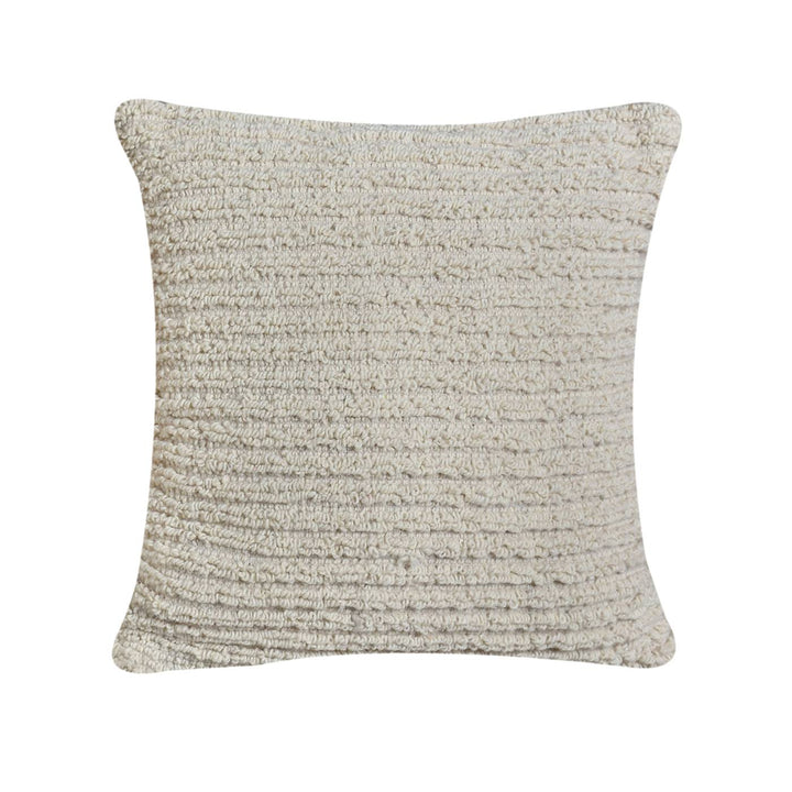 Fine Rib Handwoven Wool Cushion — Fine horizontal ribs give the ivory surface a restrained, even texture.