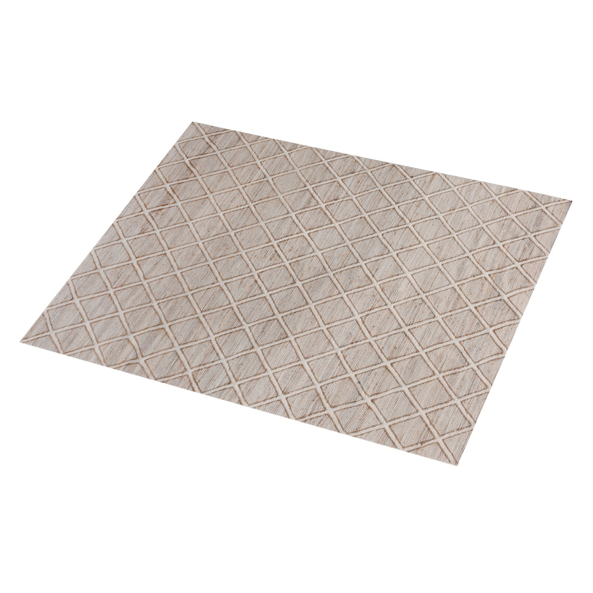 Chik handwoven wool and jute rug with a carved diamond lattice in ivory and natural, in a living room