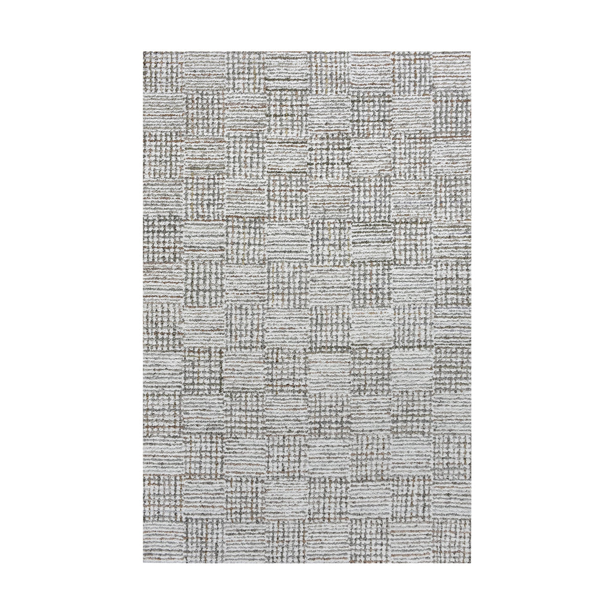 Tweed hand-tufted denim and cotton rug with fine grey and ivory check, in a bedroom