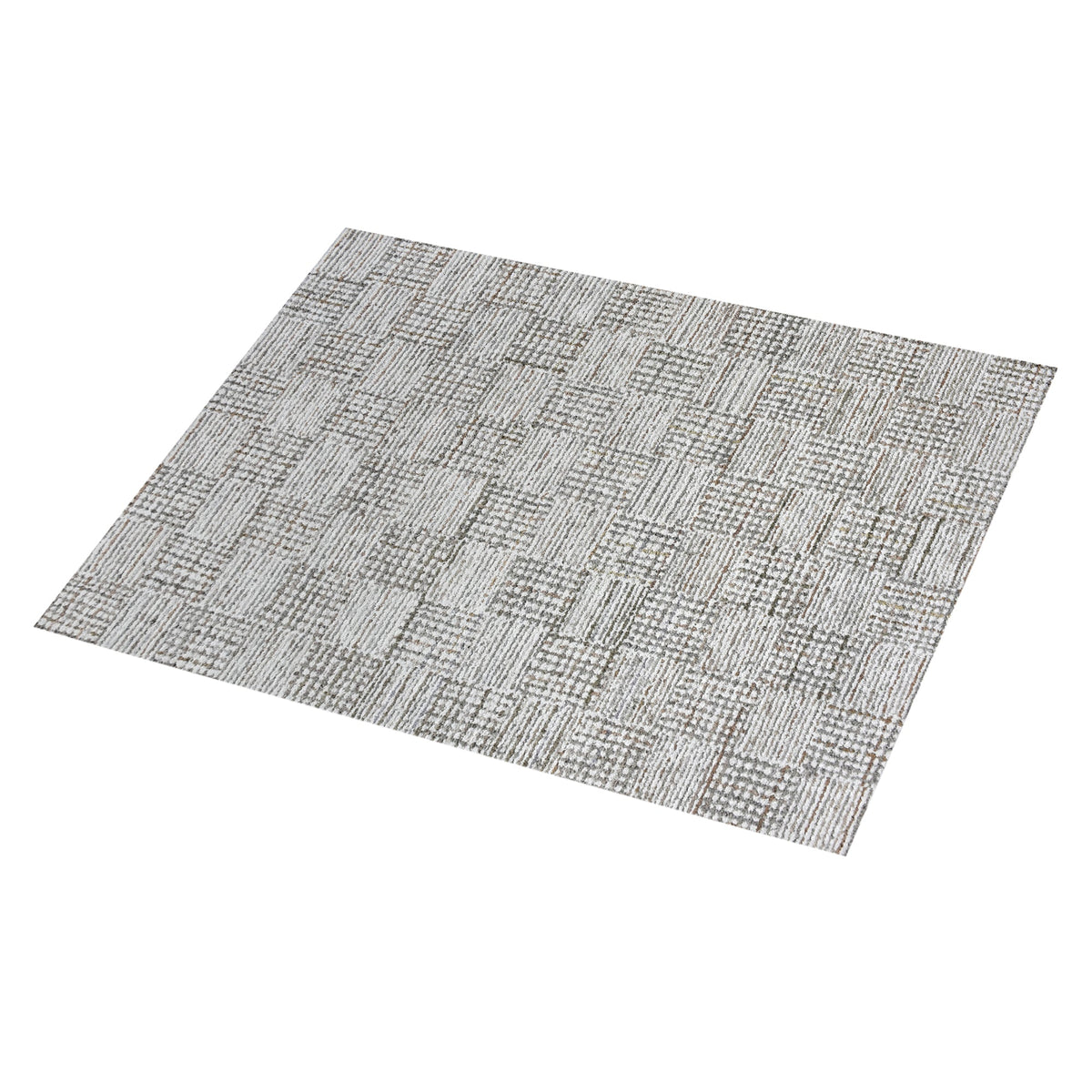 Tweed hand-tufted denim and cotton rug with fine grey and ivory check, in a bedroom