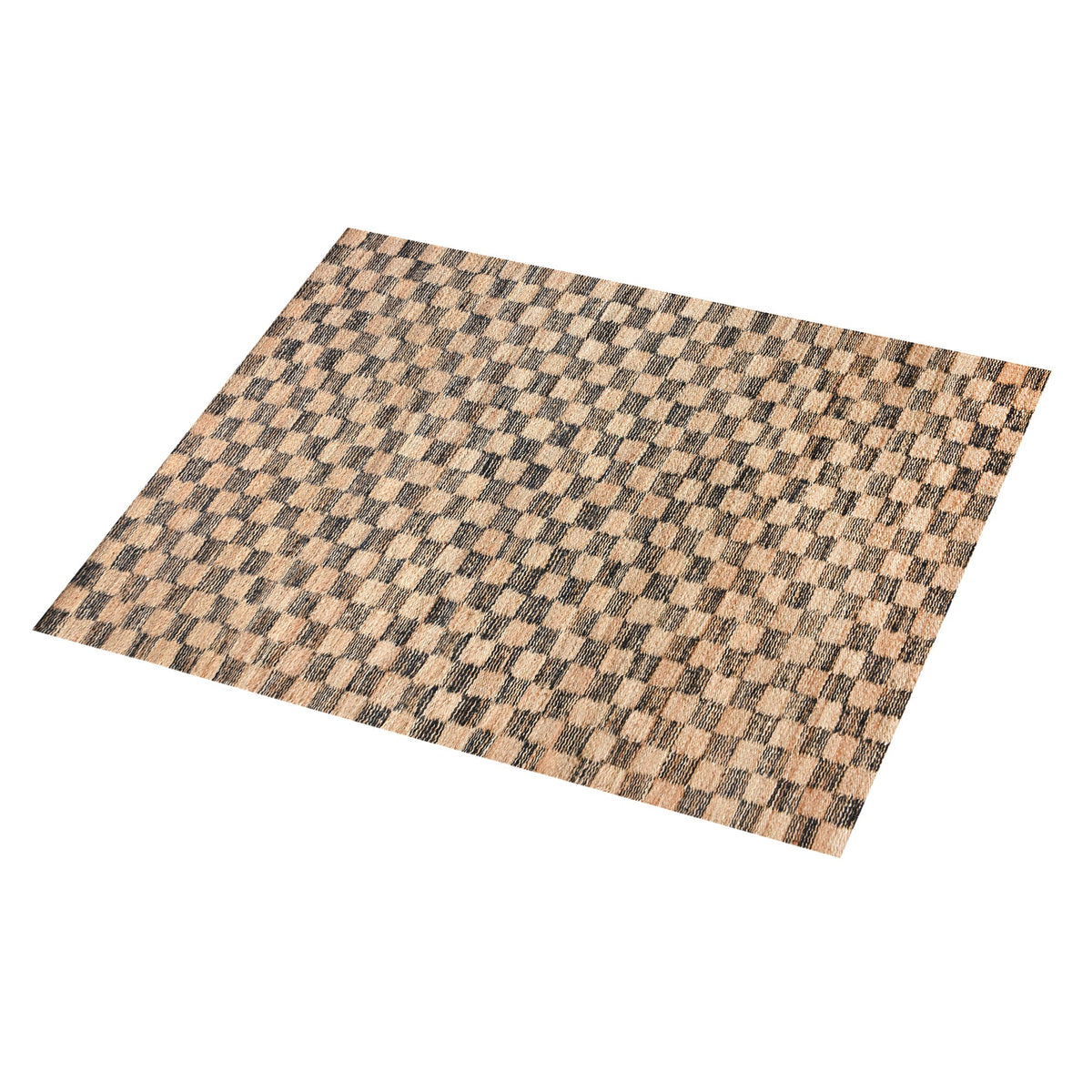 Chessboard handwoven jute rug with natural and charcoal checkerboard, in a living room