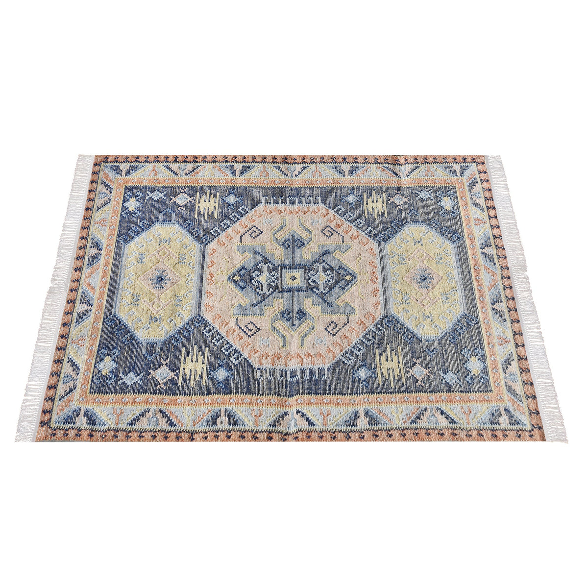 Harbour flatweave navy wool and hemp kilim rug with gold and rust medallions, in an entryway