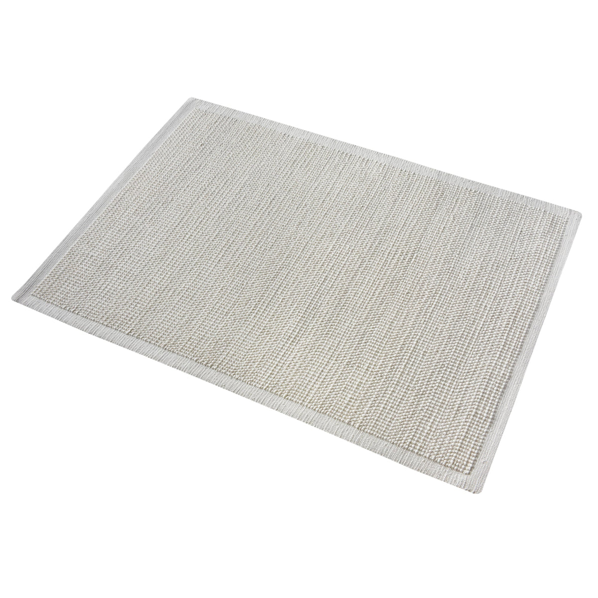Basket handwoven cream wool rug with basketweave texture and tonal border, in a bedroom
