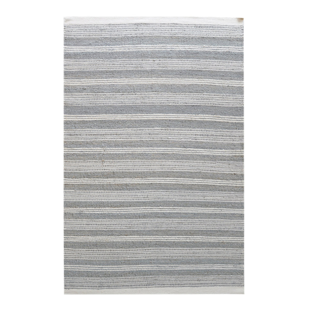 Pinstripe handwoven hemp and wool rug with slate and ivory vertical stripes, in a hallway