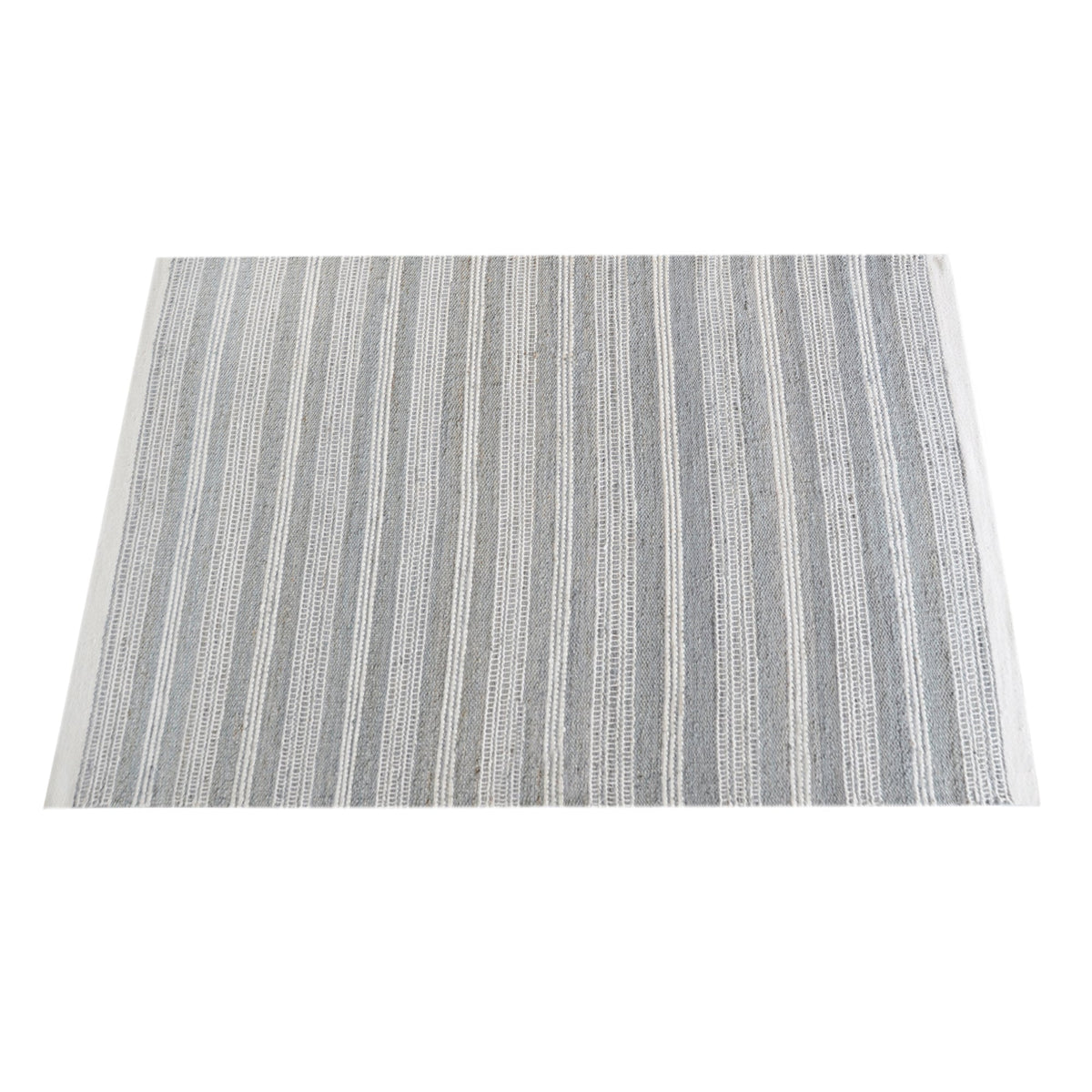 Pinstripe handwoven hemp and wool rug with slate and ivory vertical stripes, in a hallway