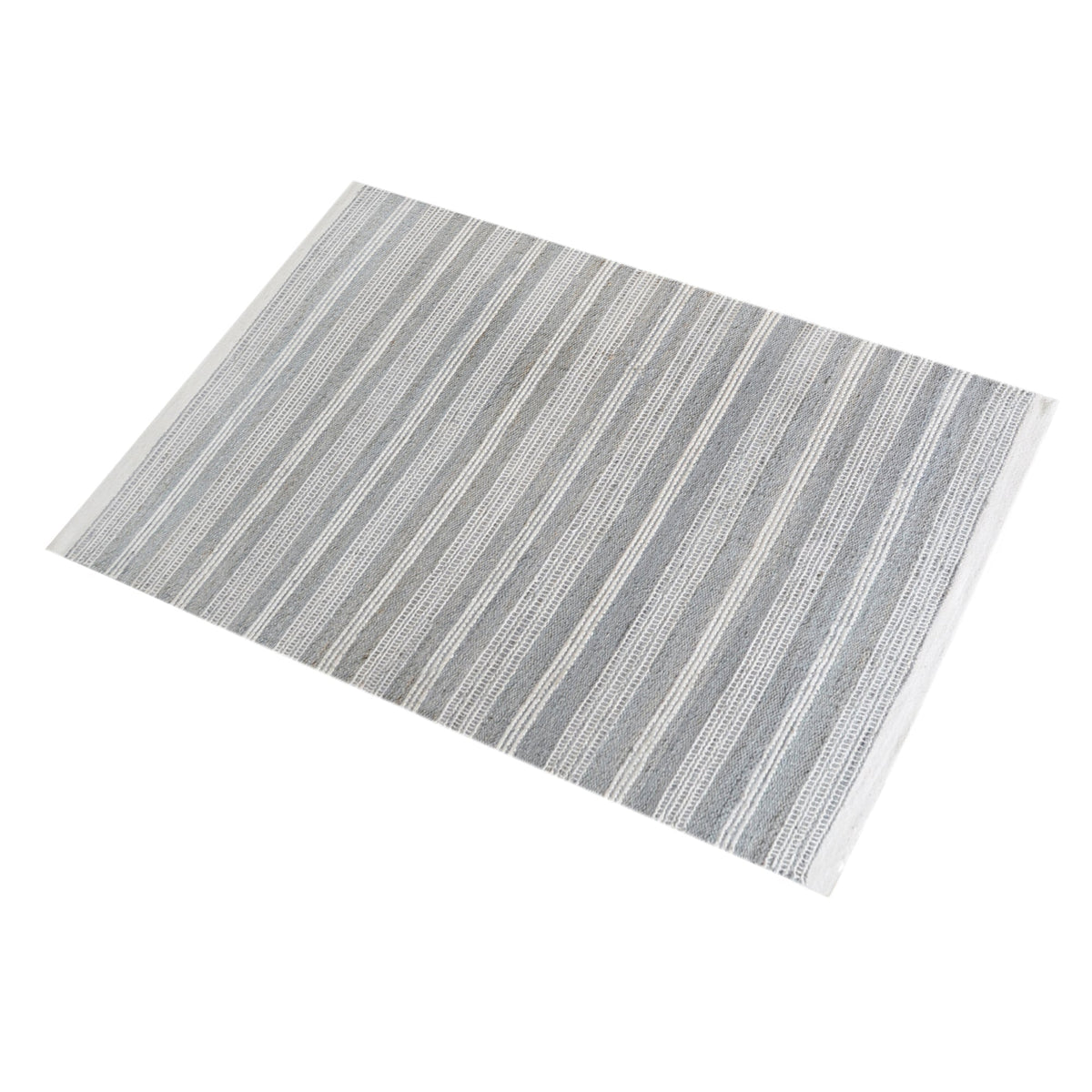 Pinstripe handwoven hemp and wool rug with slate and ivory vertical stripes, in a hallway