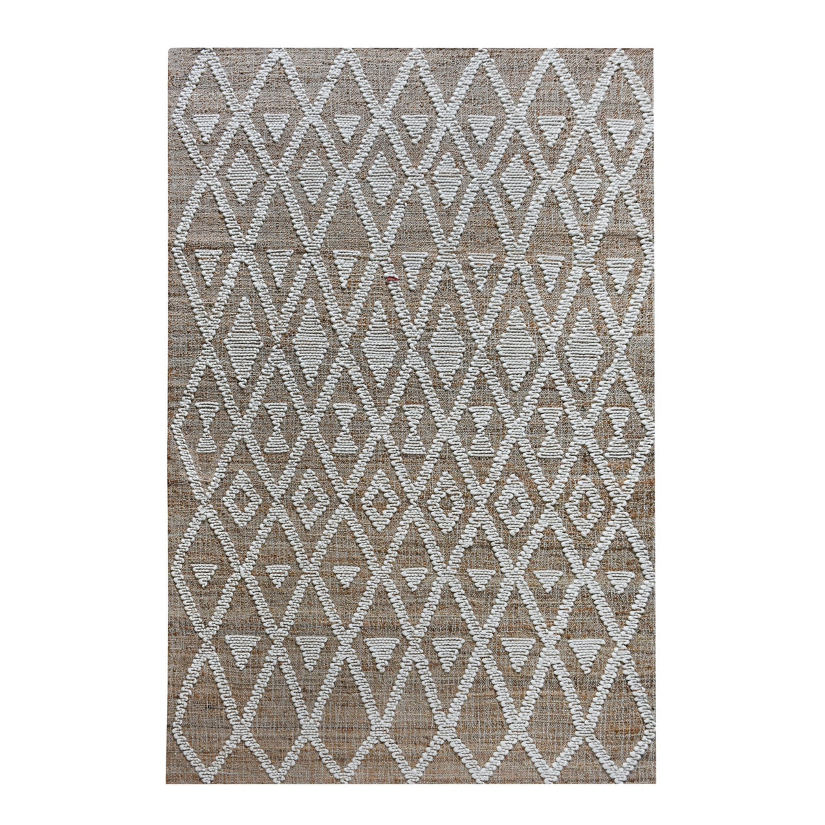 Thistle flatweave jute and wool rug with ivory tufted diamonds on taupe, in a living room