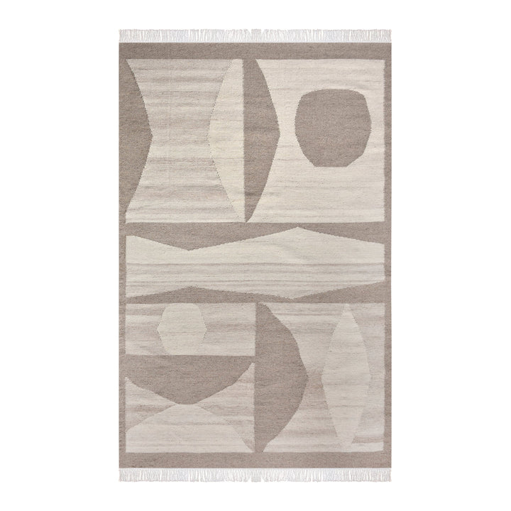 Chhatri handwoven wool rug with bold ivory and beige arch blocks, in a living room