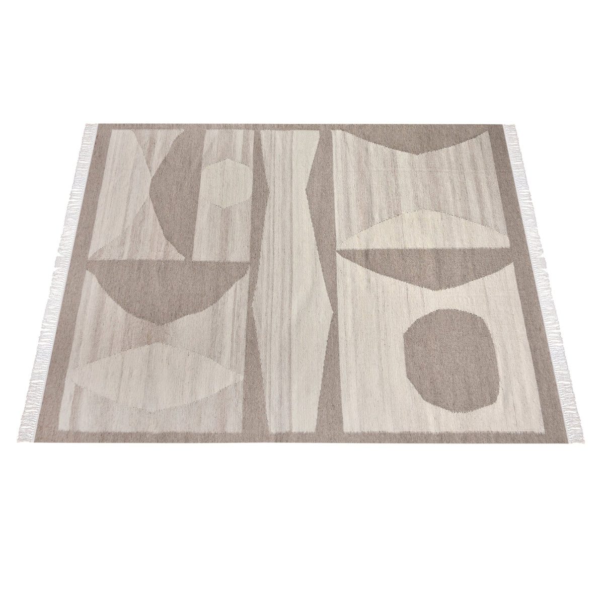 Chhatri handwoven wool rug with bold ivory and beige arch blocks, in a living room