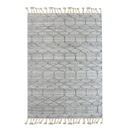 Bel handwoven wool and viscose rug with grey trellis lines on light grey, in a living room