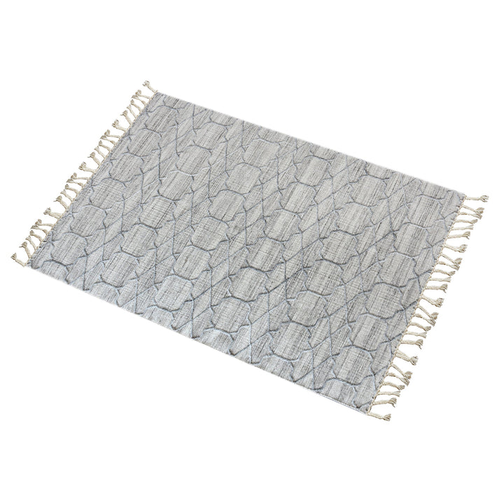 Bel handwoven wool and viscose rug with grey trellis lines on light grey, in a living room