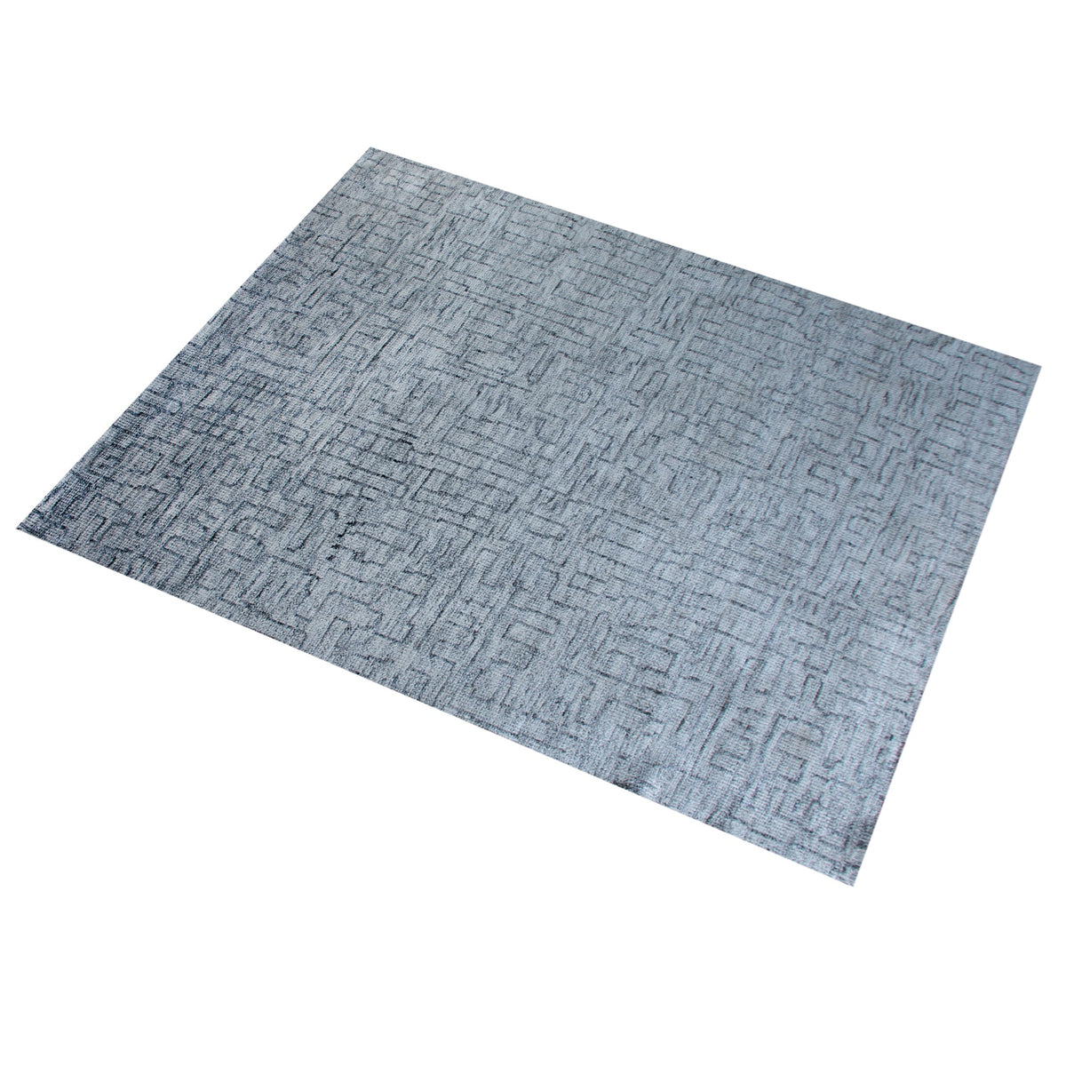 Barsaat hand-knotted wool and viscose rug with mottled blue-grey brick lines, in a living room