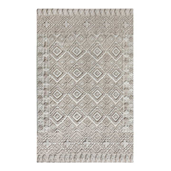 Malai hand-knotted ivory wool rug with a raised diamond lattice, under a dining table