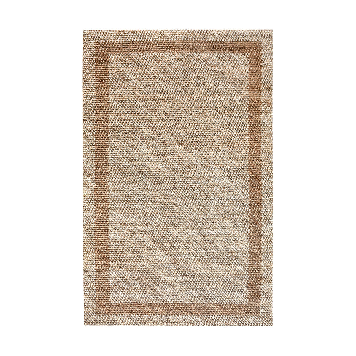 Chaukhat handwoven flatweave jute and wool rug in jute tan with a rust-brown border, in a living room