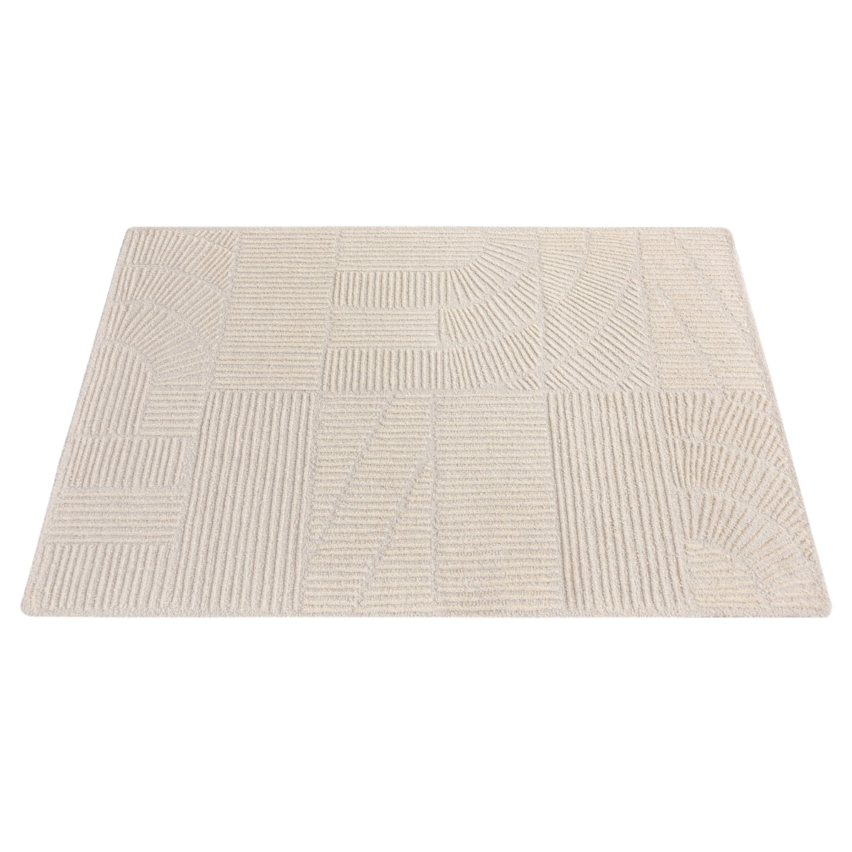 Kona handwoven cream wool rug with fine carved linear geometry, in a bedroom