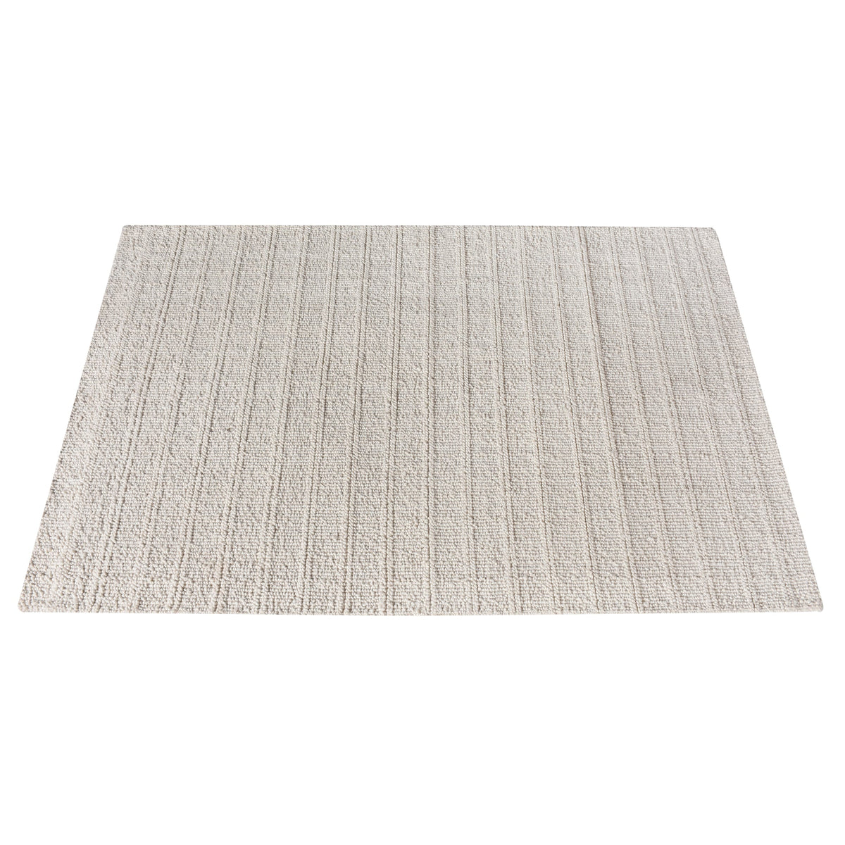 Oon handwoven ribbed wool rug in undyed oatmeal with horizontal ribs, under a coffee table