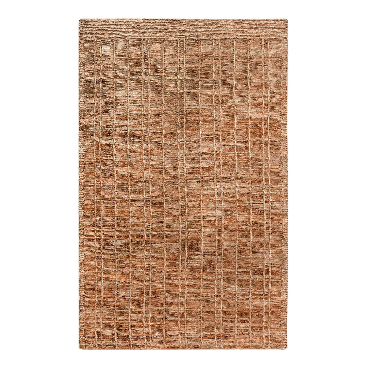 Geru hand-knotted jute rug in burnt sienna and tan with a rustic high pile, in a living room