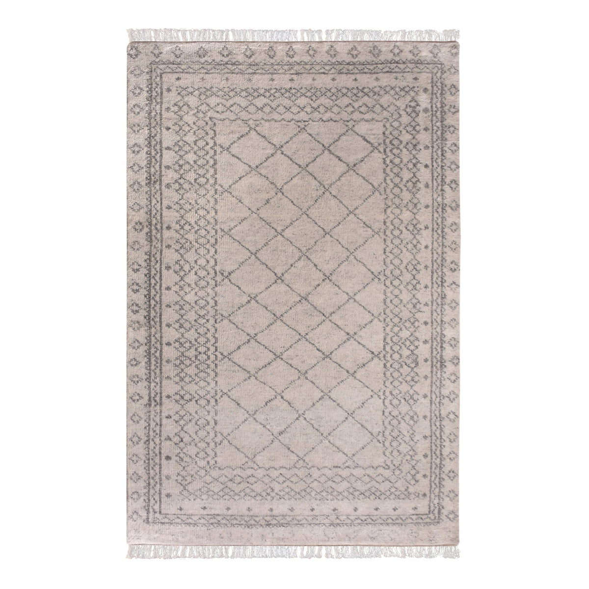 Phatak hand-knotted wool rug with an ivory diamond lattice and grey border, in a dining room