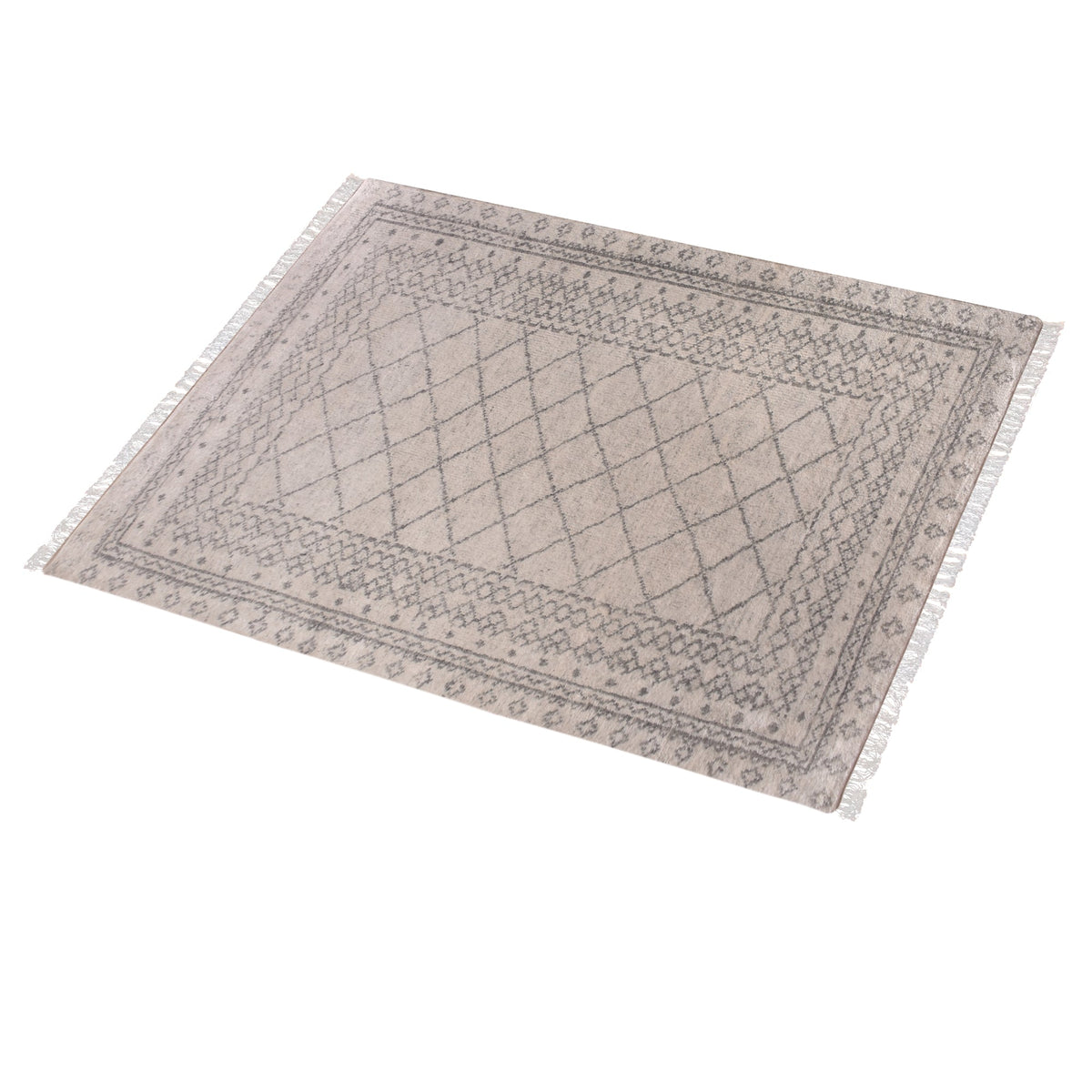 Phatak hand-knotted wool rug with an ivory diamond lattice and grey border, in a dining room