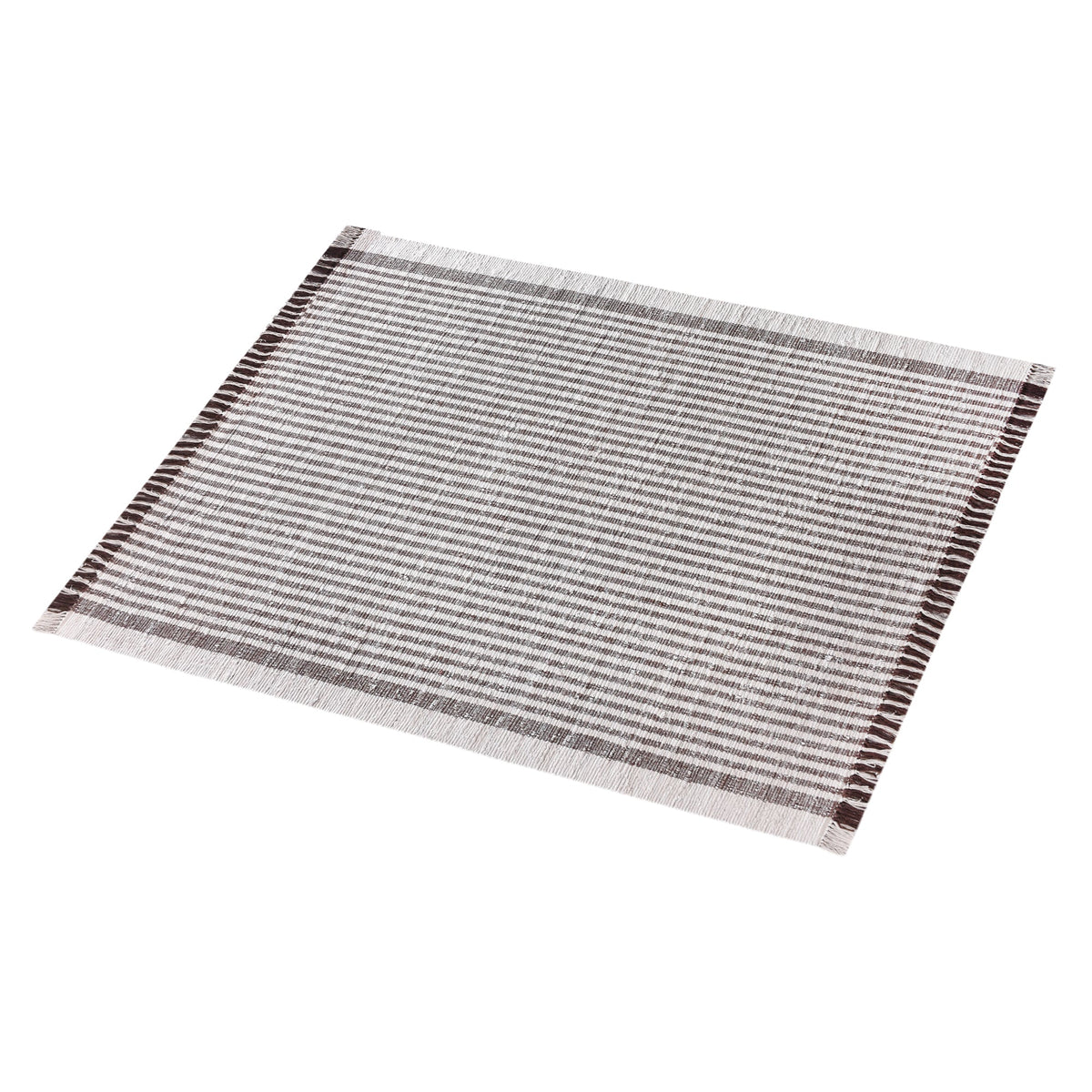Dari handwoven recycled denim and cotton flatweave rug with fine ivory and taupe stripes and fringed ends