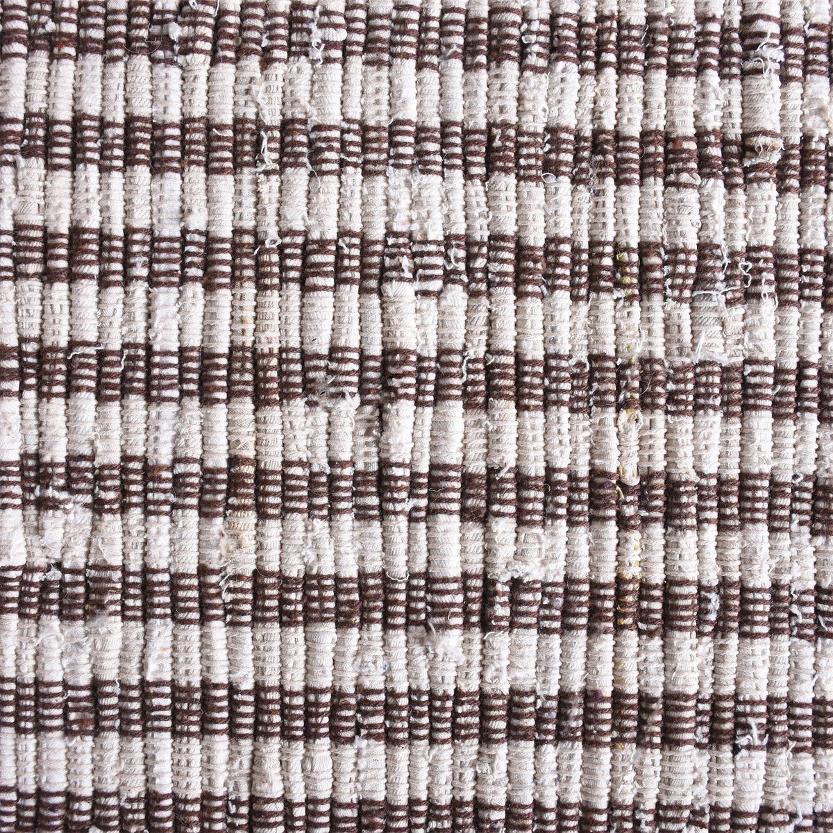 Dari handwoven recycled denim and cotton flatweave rug with fine ivory and taupe stripes and fringed ends