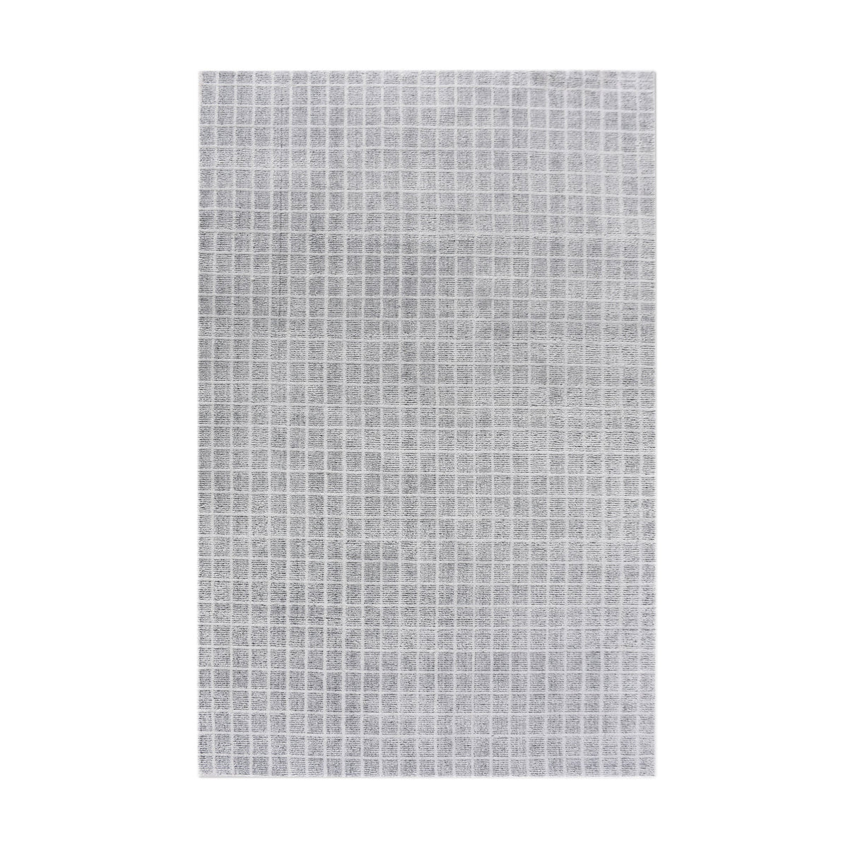 Baramda hand-loomed recycled PET rug with fine white grid lines on pale grey, on a verandah