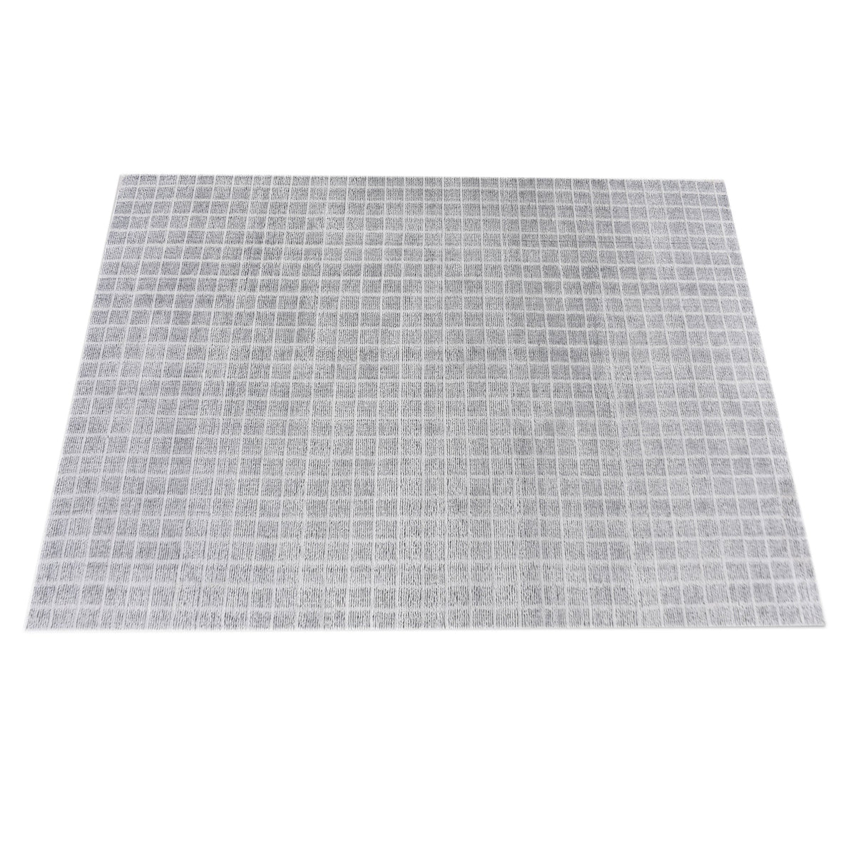 Baramda hand-loomed recycled PET rug with fine white grid lines on pale grey, on a verandah