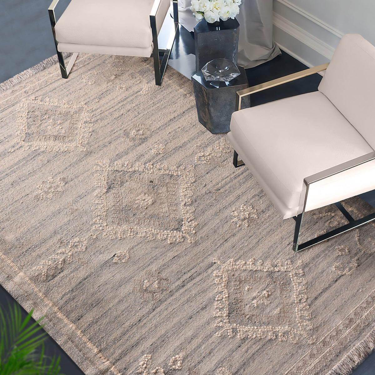 Canyon flatweave wool rug with ivory and taupe tribal diamonds, in a living room