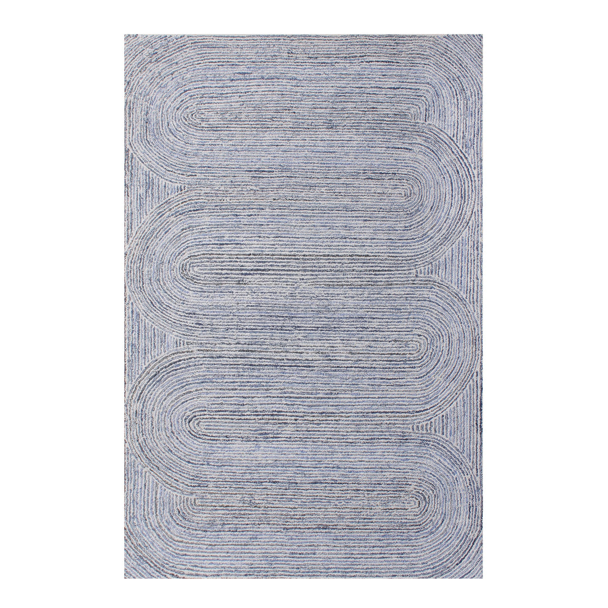 Estuary handwoven wool and denim rug with denim blue contour lines on ivory, in a dining room