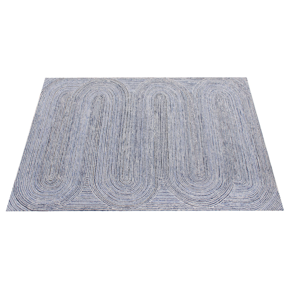 Estuary handwoven wool and denim rug with denim blue contour lines on ivory, in a dining room