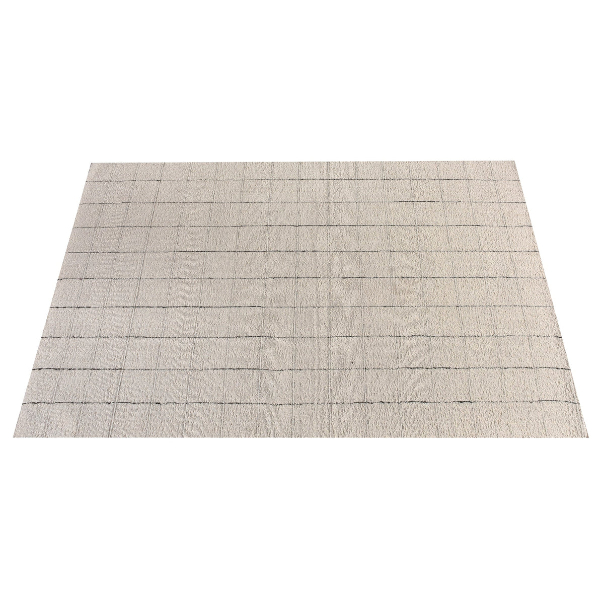 Khidki handwoven wool flatweave rug with fine charcoal grid lines on ivory, in a living room