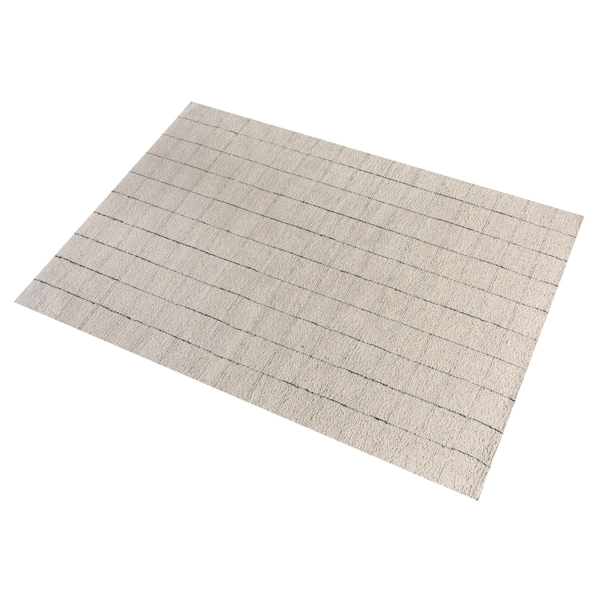 Khidki handwoven wool flatweave rug with fine charcoal grid lines on ivory, in a living room