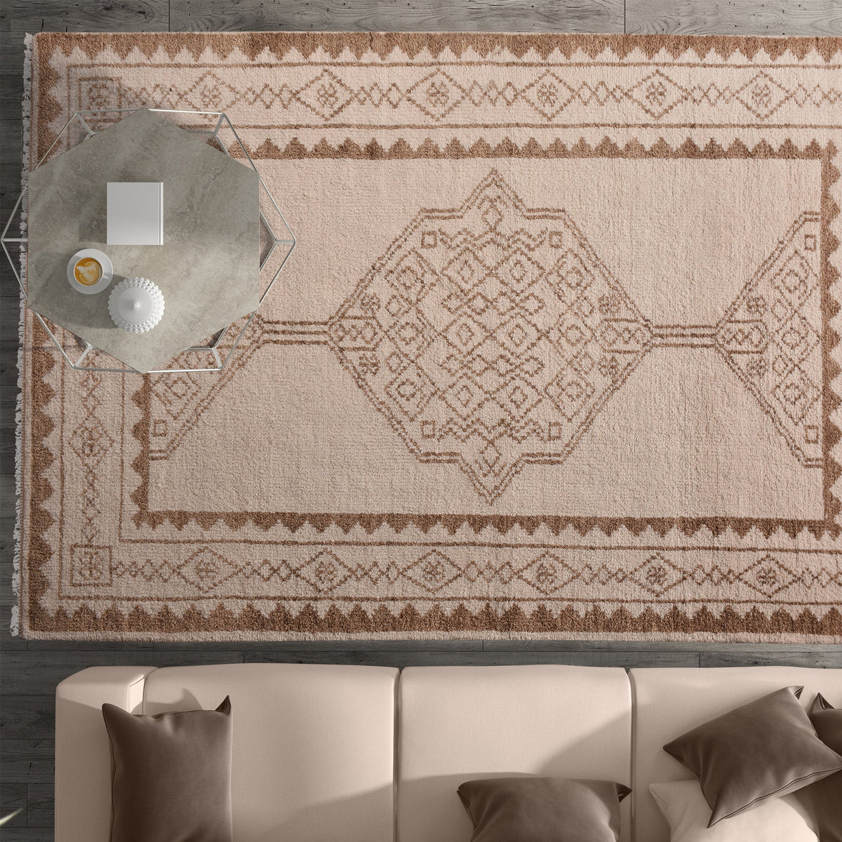 Gulab hand-knotted NZ wool rug with a blush medallion on an ivory field, in a bedroom