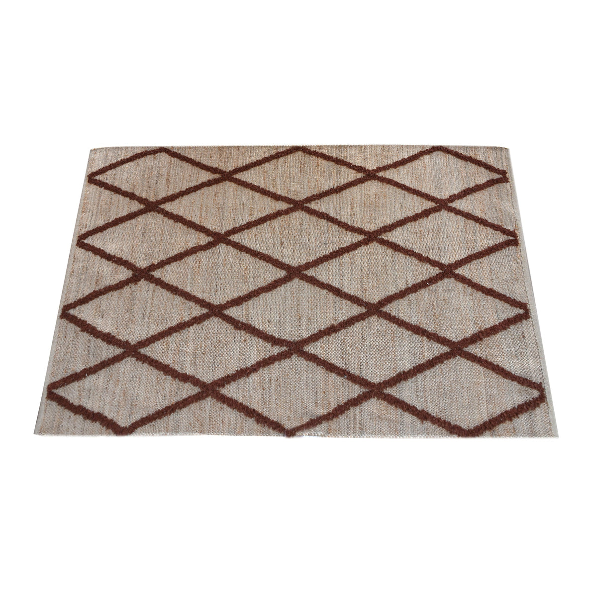 Lantern handwoven ivory hemp and PET rug with a rust diamond lattice, in a living room