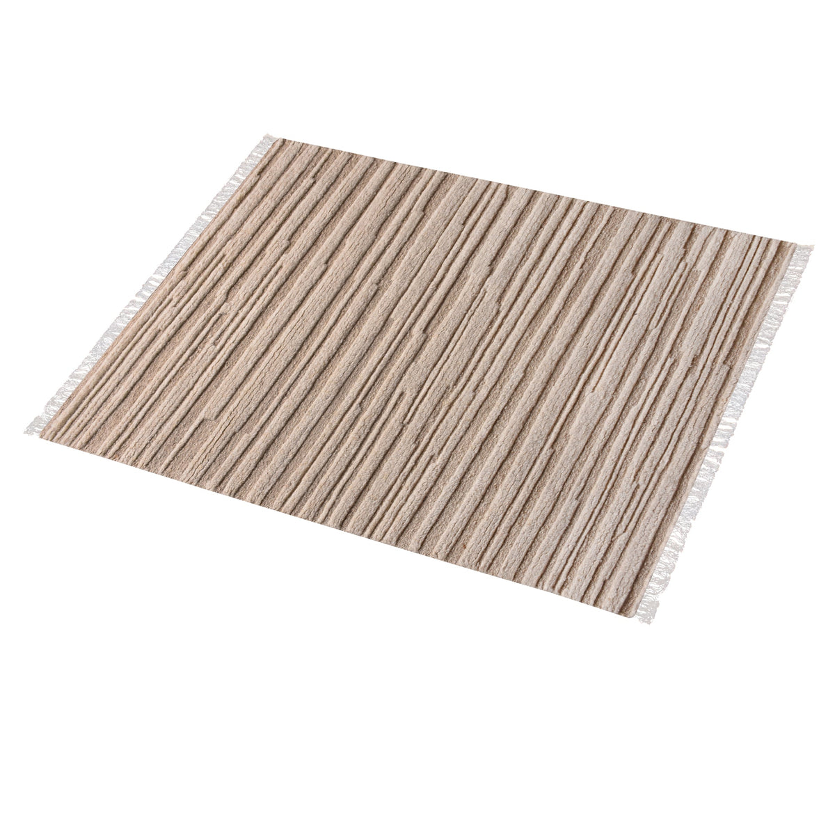 Pankti hand-knotted NZ wool rug in cream and oat with carved vertical stripes, in a dining room