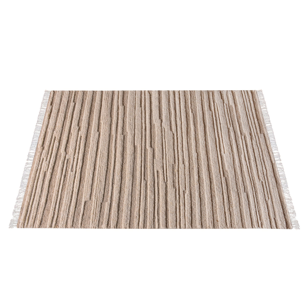 Pankti hand-knotted NZ wool rug in cream and oat with carved vertical stripes, in a dining room